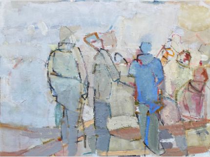 'Climbers standing on a bench''